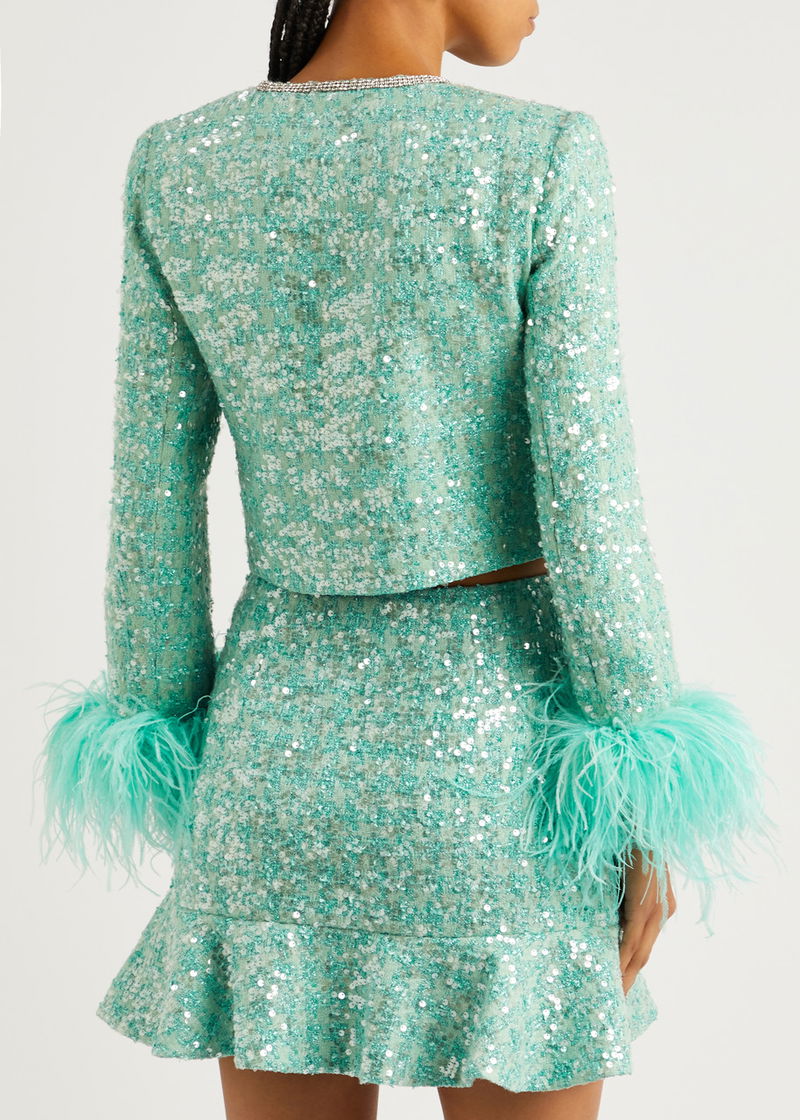 SELF-PORTRAIT Feather-Trimmed Embellished Tweed Jacket | endource