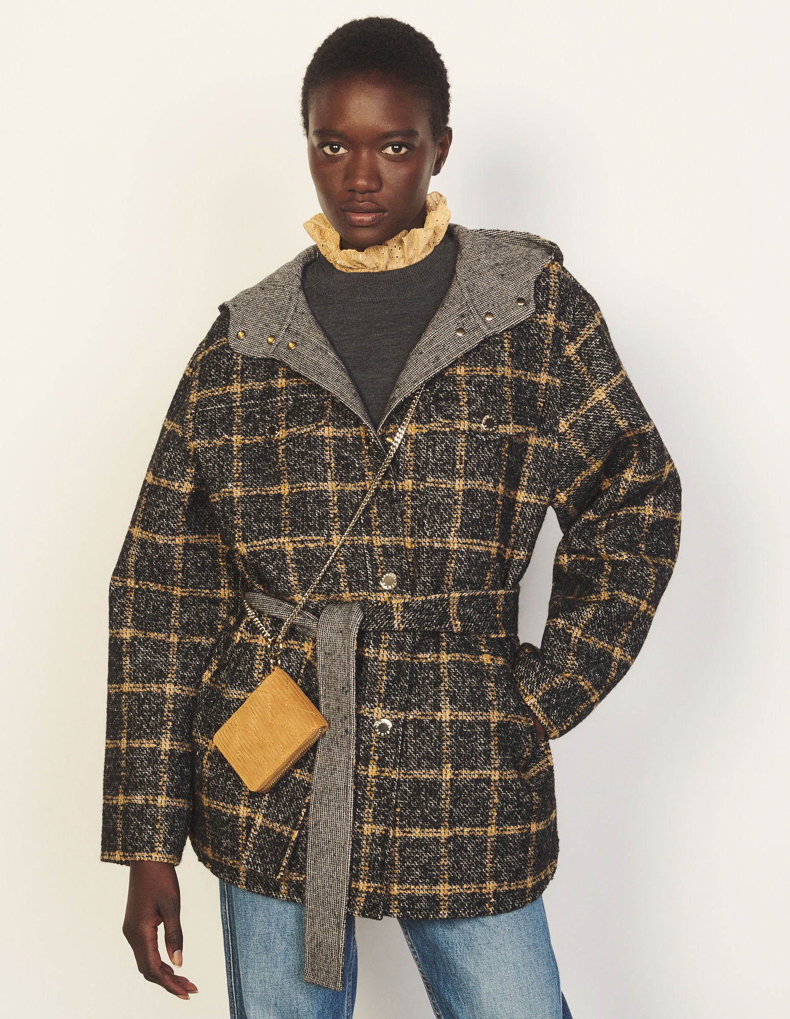 SANDRO Checked Coat With Hood in Charcoal Grey | Endource