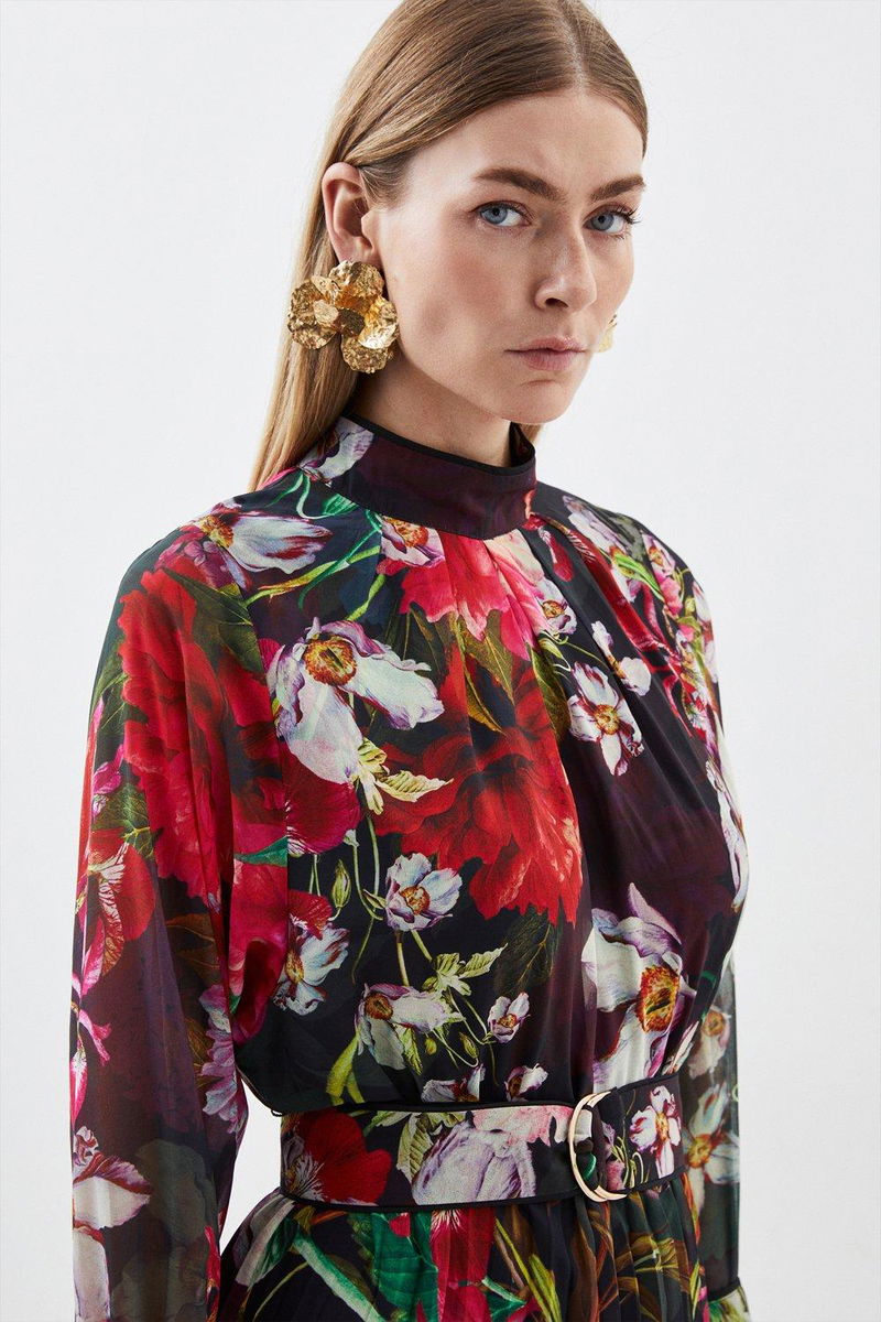 KAREN MILLEN Tall Garden Floral Pleated Woven Maxi Dress in