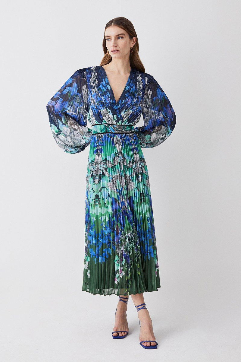 karen millen floral midi dress Blue Floral Print Crepe High Neck Midi Dress