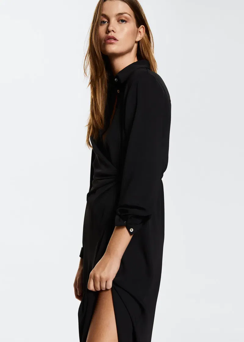 black plunge knot detail shirt dress PrettyLittleThing Women's Shape Knot Detail Plunge Neck Ruched Maxi Dress in Black