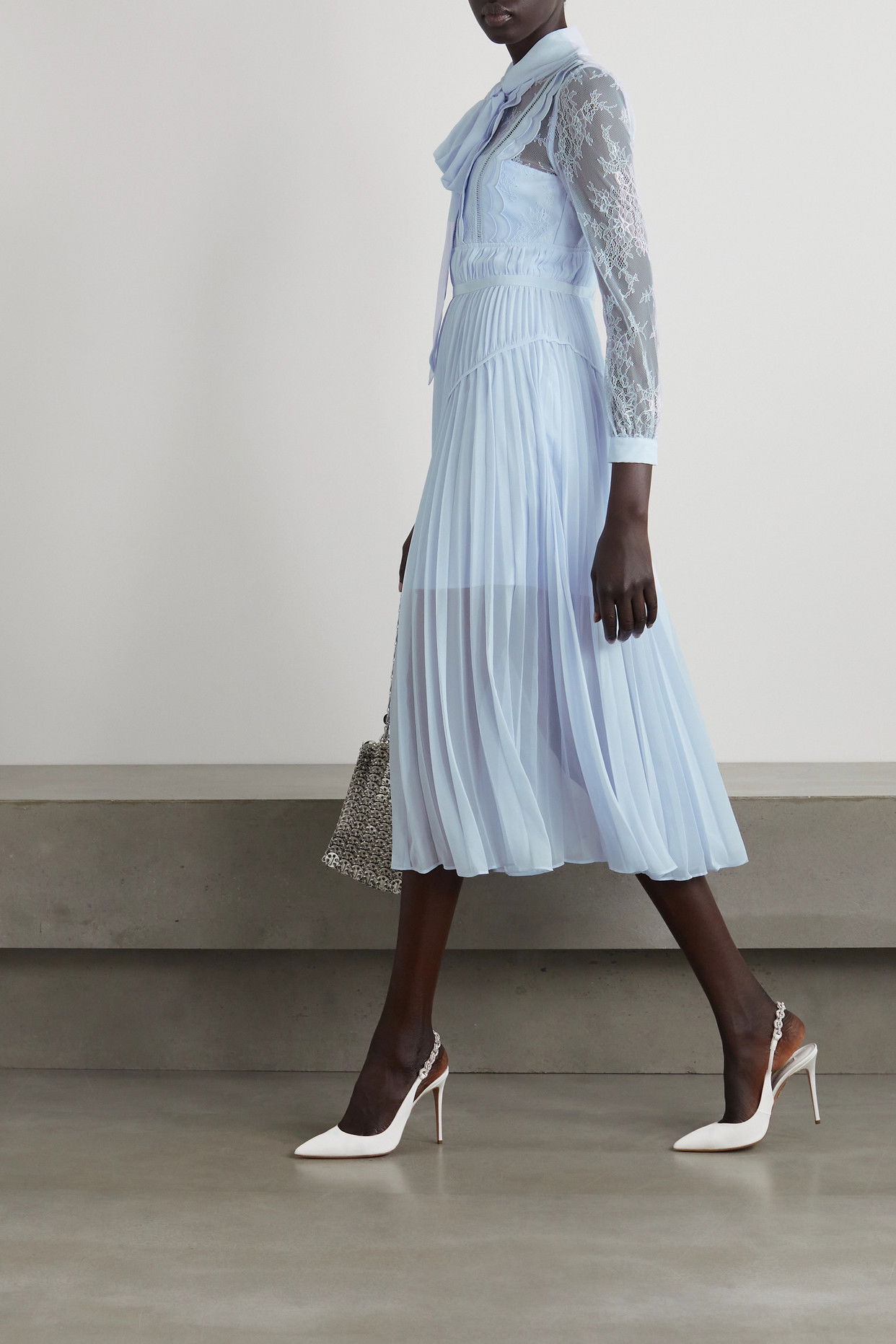 SELF-PORTRAIT Pussy-Bow Pleated Lace And Chiffon Midi Dress | endource