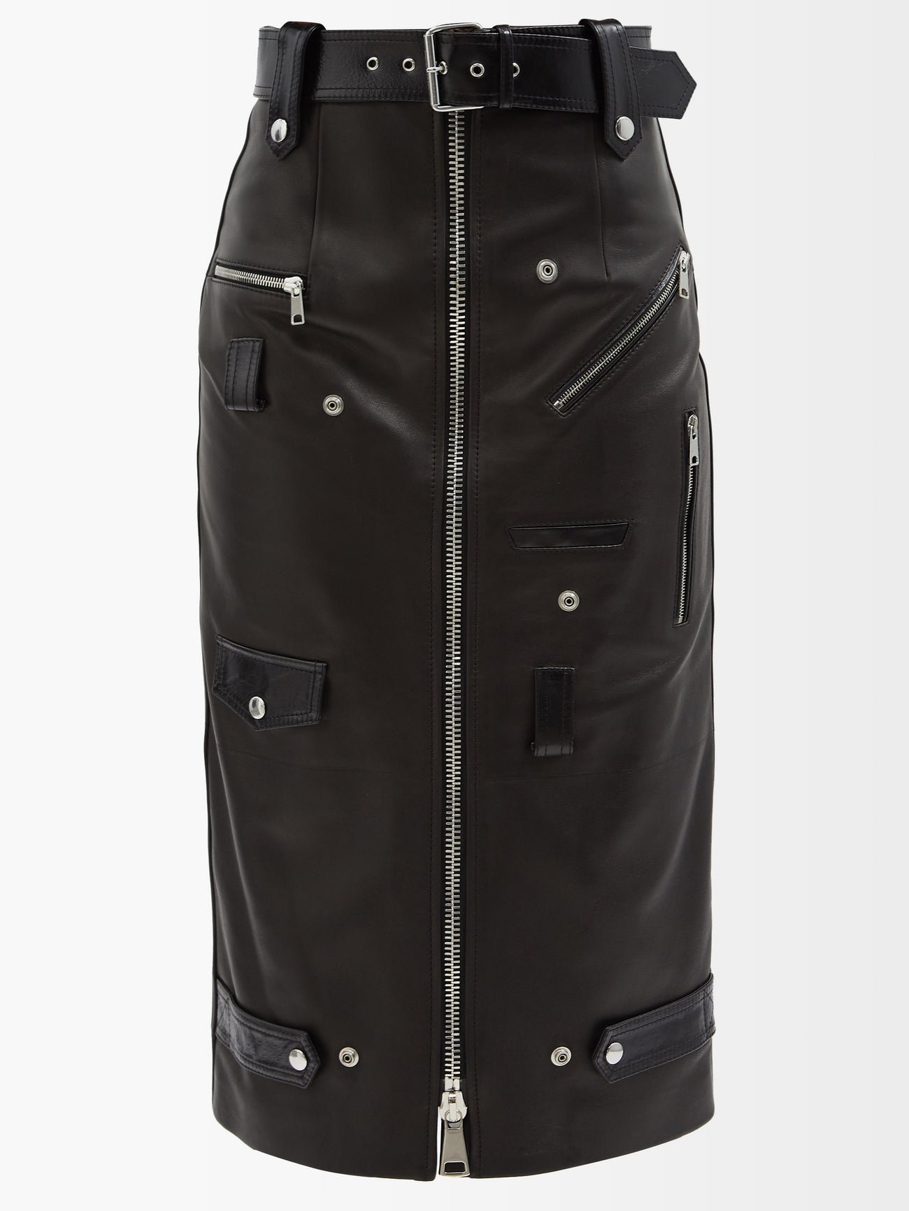 ALEXANDER MCQUEEN Belted Leather Midi Skirt in Black | Endource