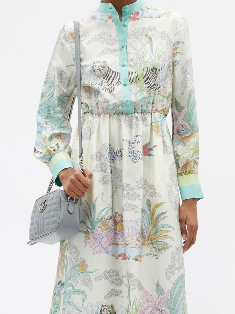 gucci tiger silk dress GUCCI Tiger-Print Silk-Twill Midi Dress