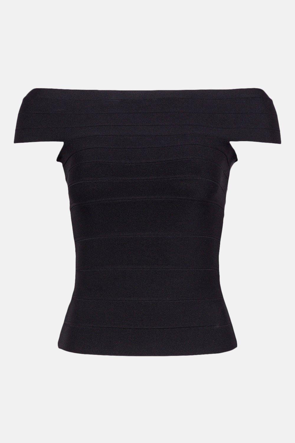 KAREN MILLEN Figure Form Bandage Bardot Knit Top in Black | Endource