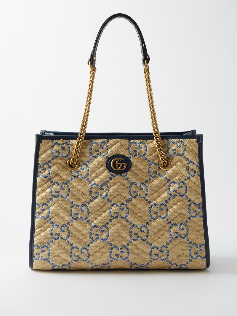 GUCCI GG Marmont Leather-Trim Monogrammed Woven Tote in Beige | Endource