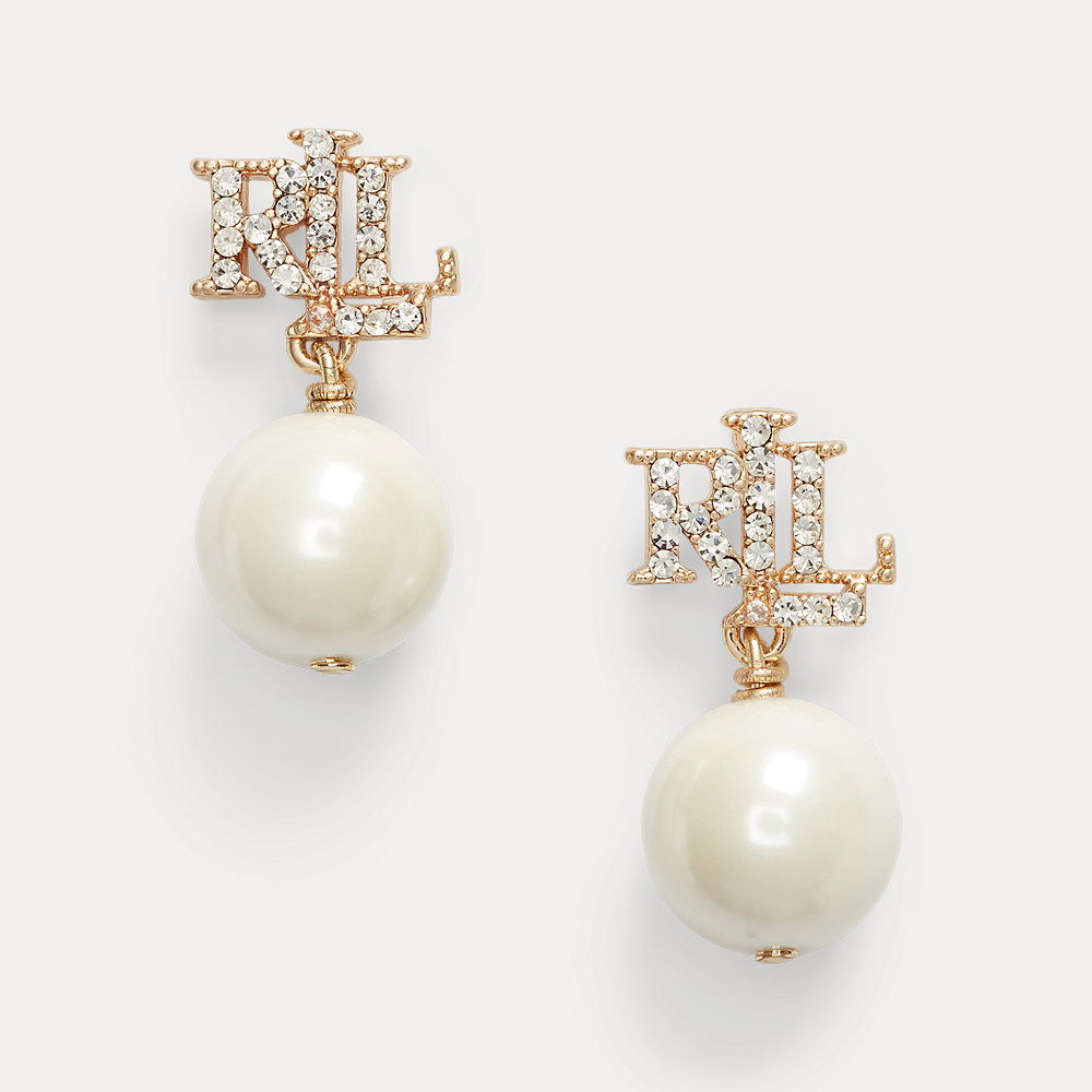 LAUREN RALPH LAUREN Pave Logo Faux-Pearl Drop Earrings in Gold | Endource