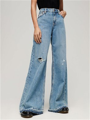 Blue Split-hem patchwork wide-leg jeans, FRAME
