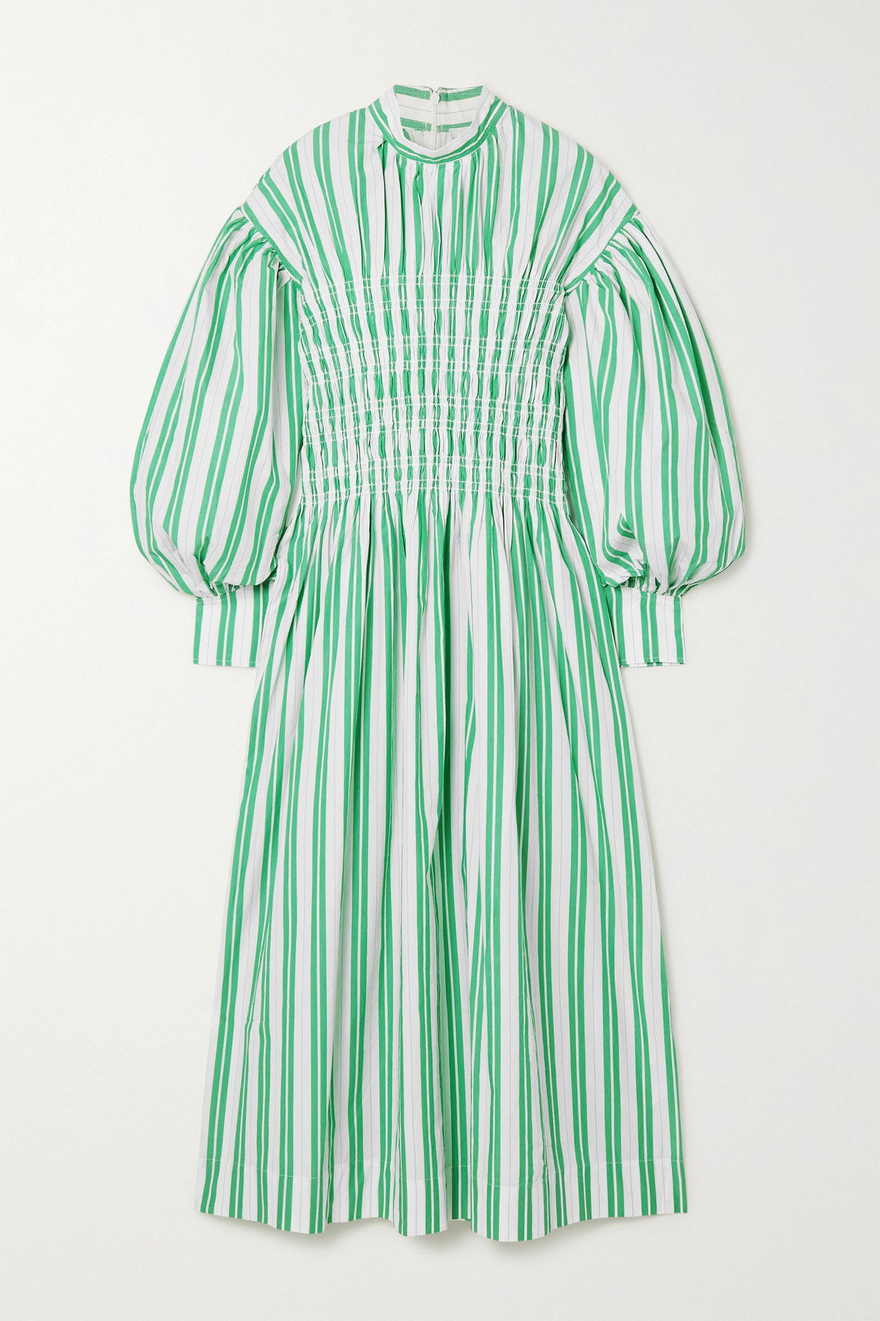 GANNI Shirred Striped Organic Cotton-Poplin Midi Dress | endource