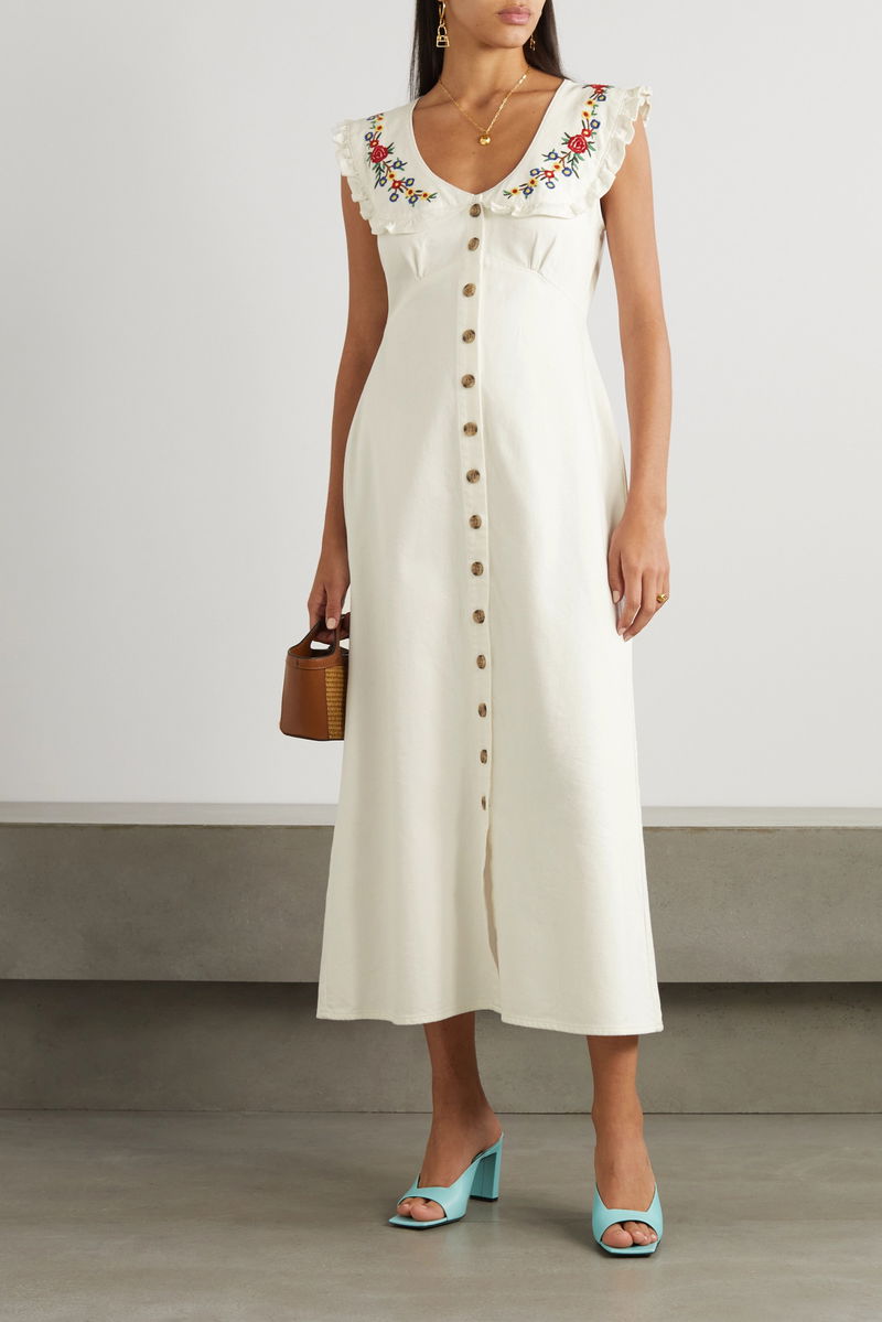 RIXO Nova Embroidered Denim Midi Dress | endource