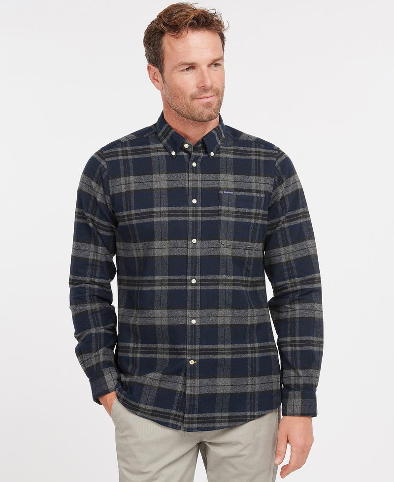 Navy and grey flannel shirt on a man