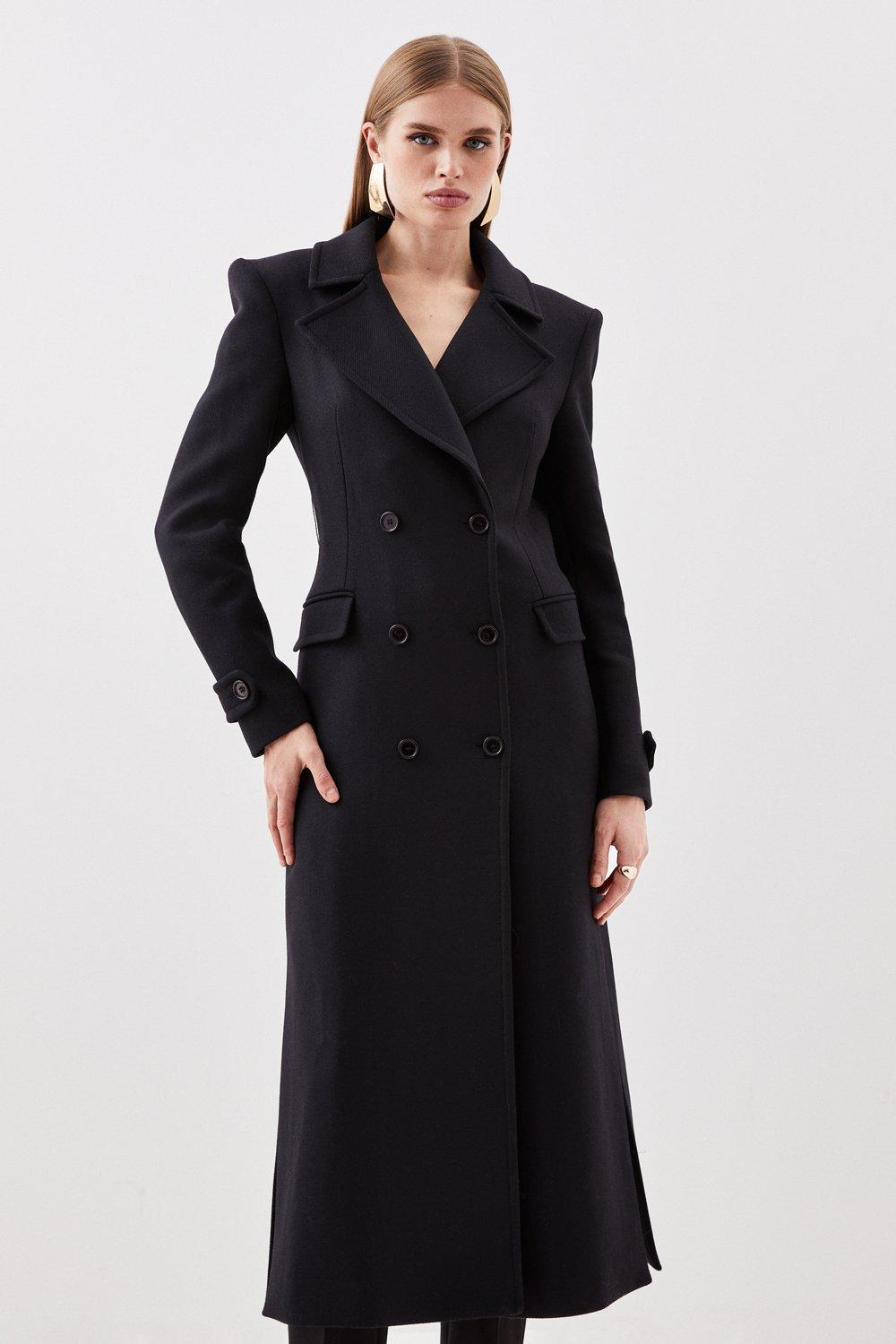 KAREN MILLEN Italian Wool Double Breasted Belted Longline Coat in Black ...