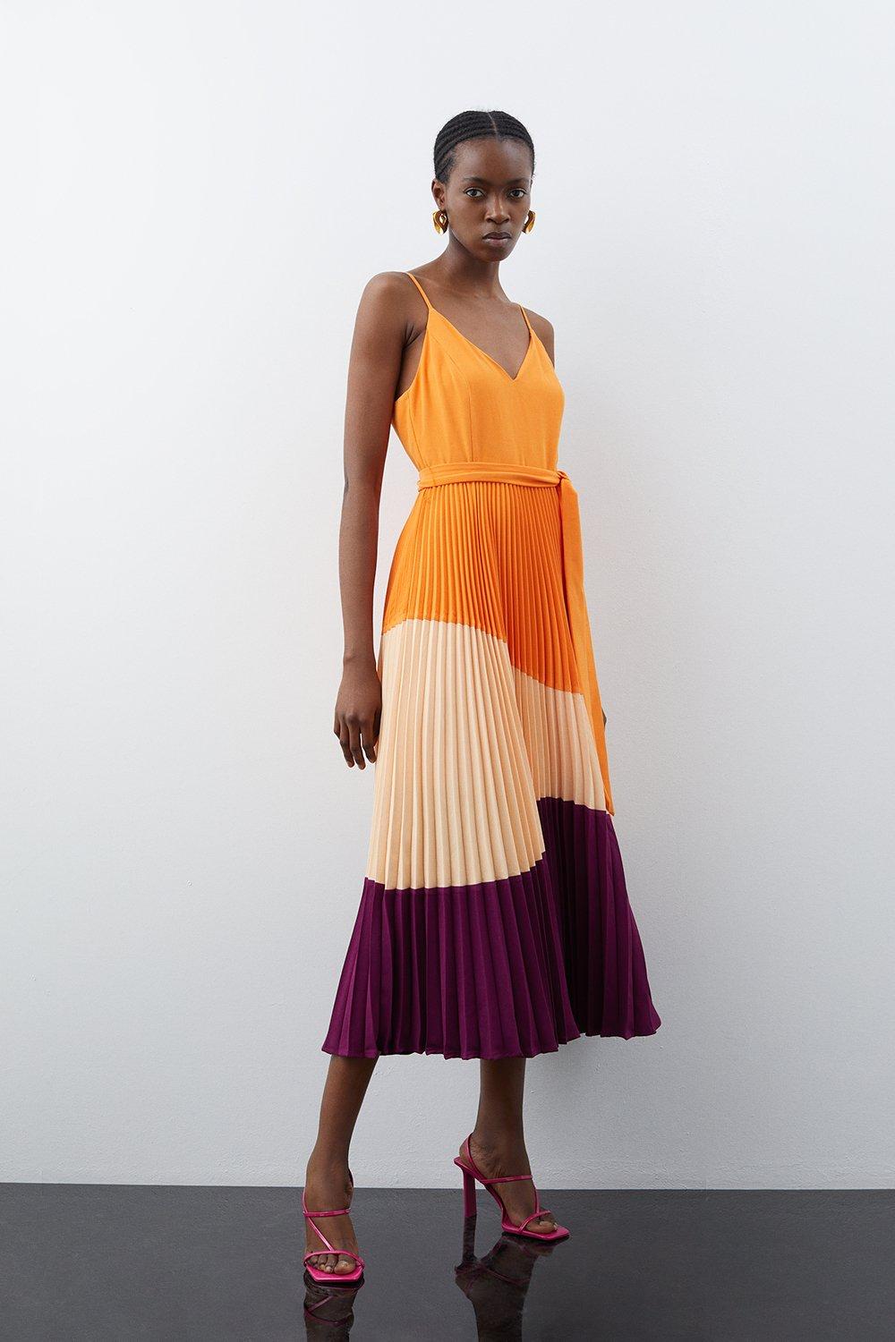 karen millen orange pleated dress Karen Millen Chain Detail Pleat Dress, Orange