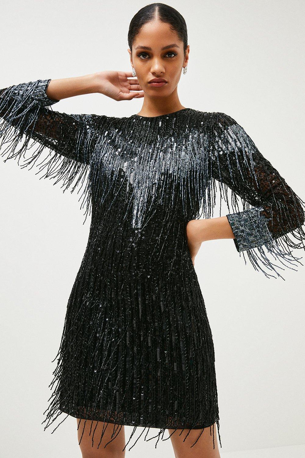 KAREN MILLEN Beaded Fringed Long Sleeve Woven Mini Dress | Endource