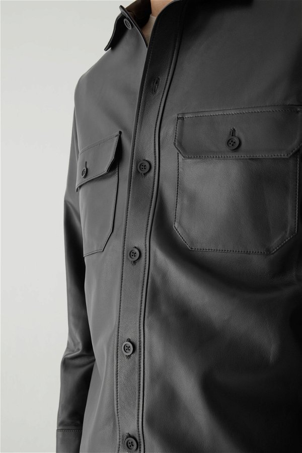 COS Lamb Leather Overshirt in black | Endource