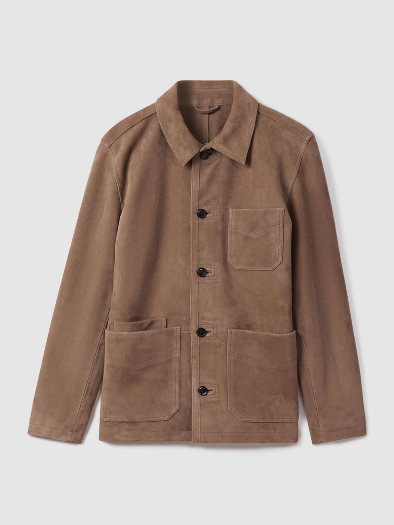 REISS Roma Suede Button-Through Jacket in Mocha | Endource