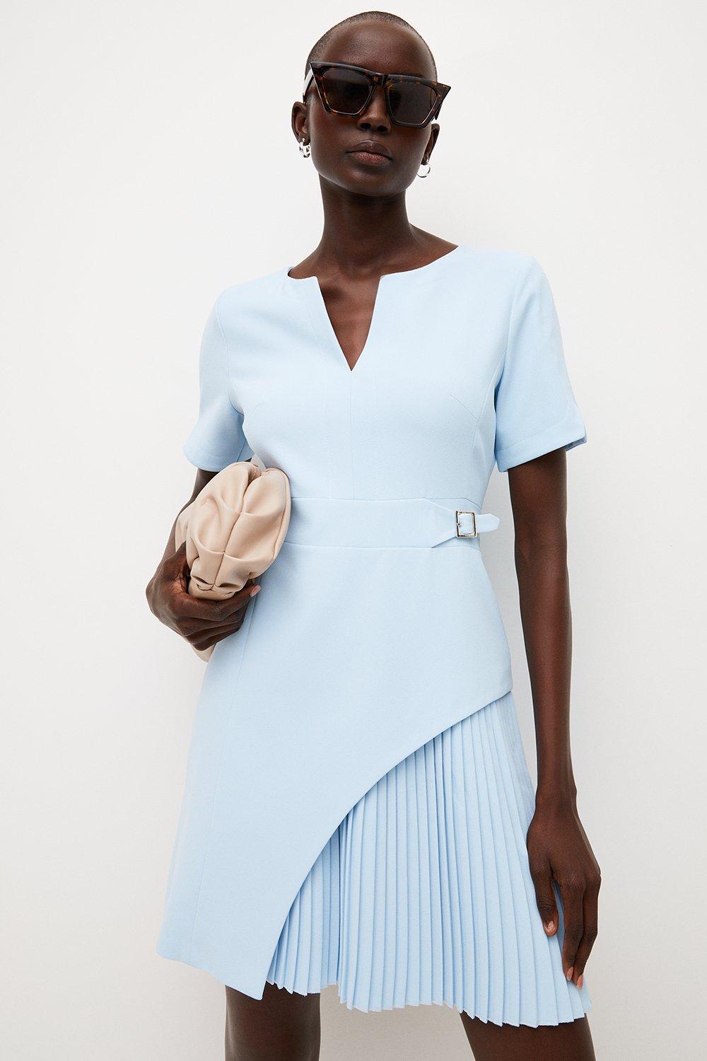 karen millen blue pleated dress KAREN MILLEN Georgette Collared Pleated Belted Midi Dress
