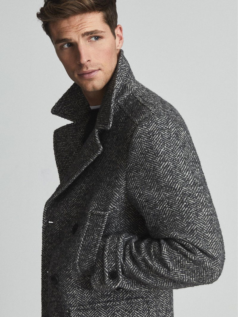 REISS Yule Herringbone Double Breasted Coat in Grey Endource