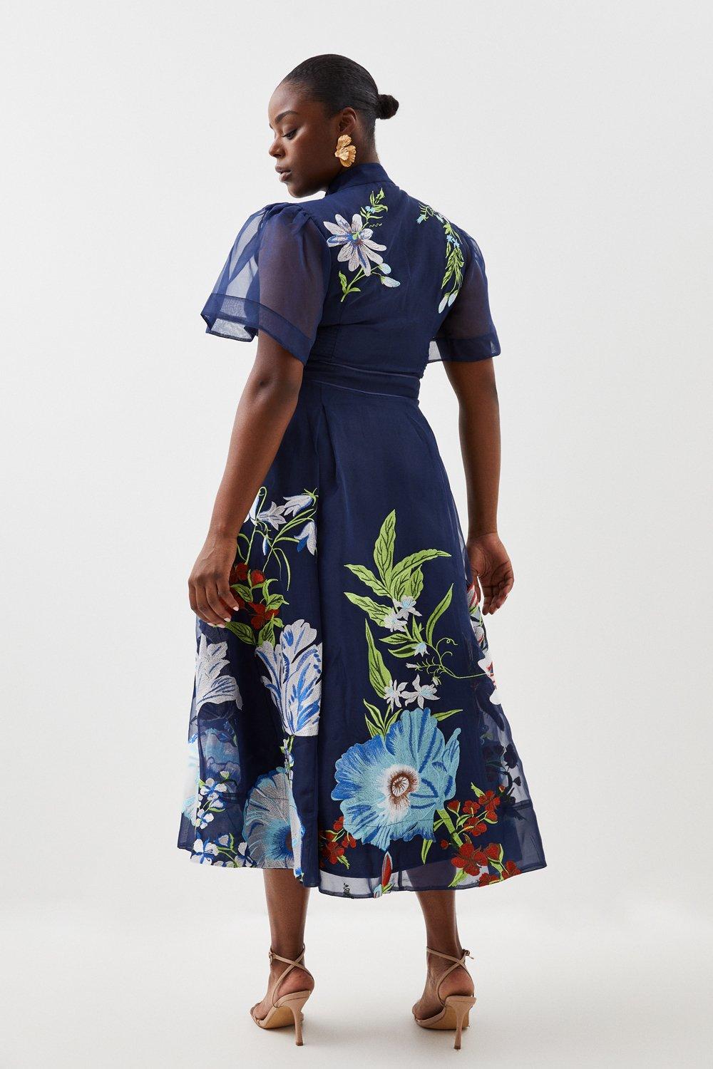 botanical embroidery organdie angel sleeve midi dress Karen Millen, Botanical Embroidery Organdie Angel Sleeve Midi Dress