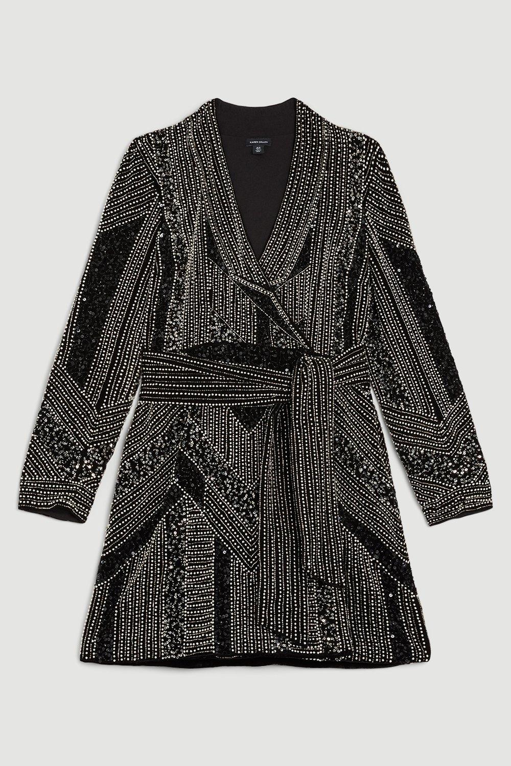 KAREN MILLEN Velvet Embellished Blazer Mini Dress in Black Endource
