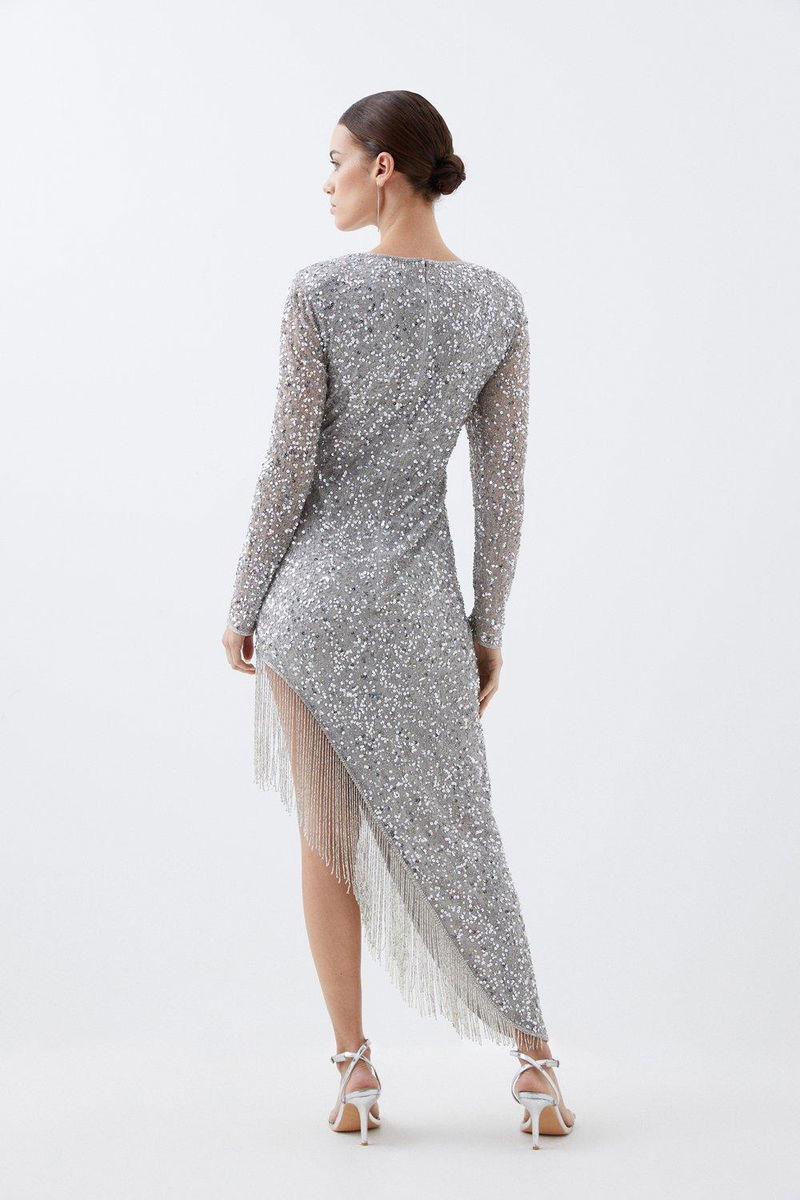 KAREN MILLEN Petite Thigh High Split Embellished Fringed Woven