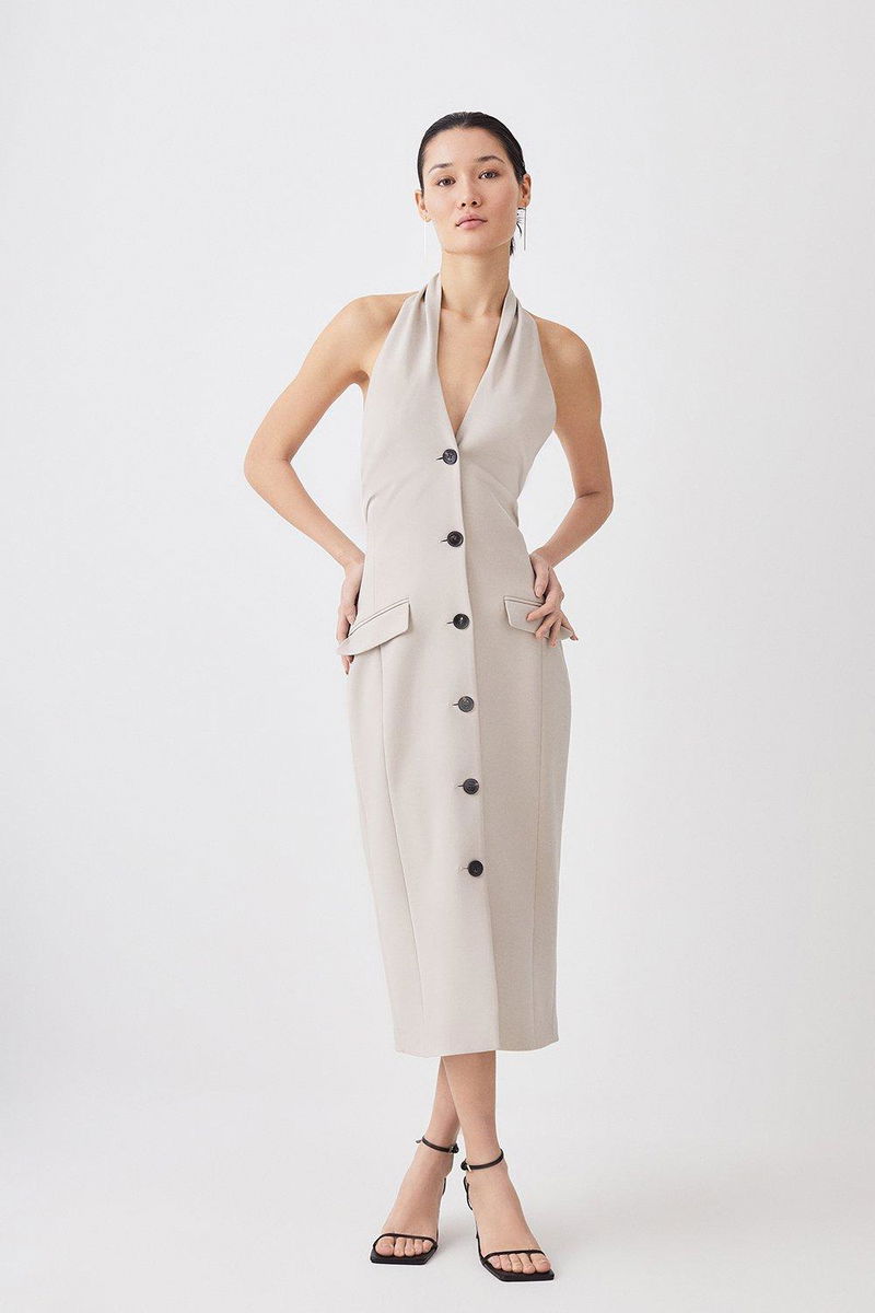 knee length dresses for ladies Harriet Tweed Button Detail Midi Dress (Cream) | Love Cherish
