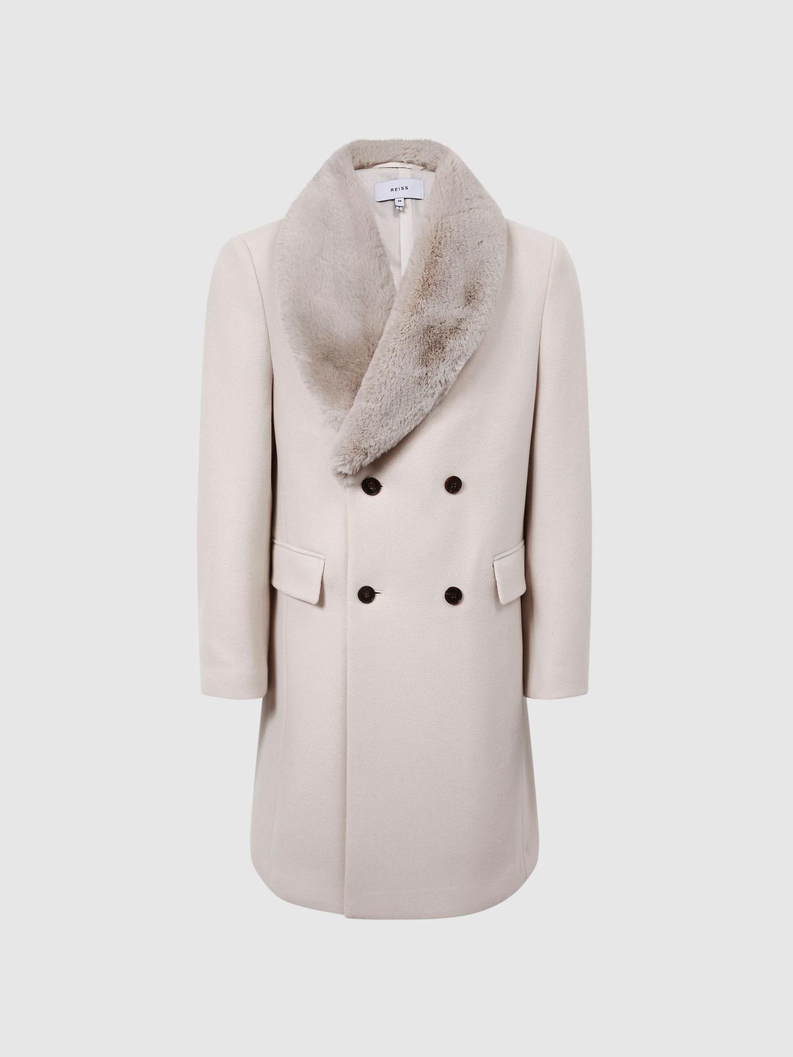 REISS Bay Double Breasted Faux Fur Collar Coat in Ivory | Endource