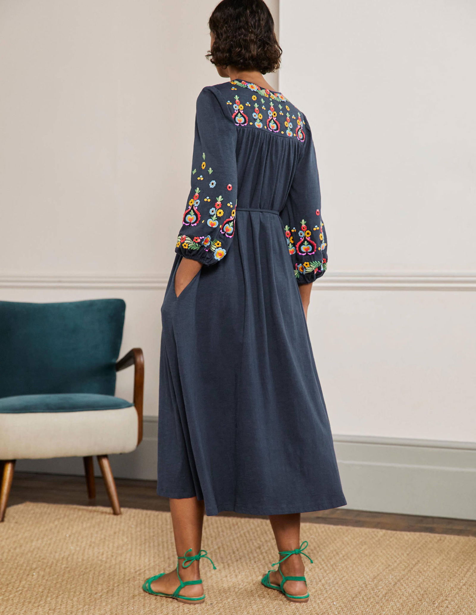 green emerald velvet dress Amara Embroidered Jersey Dress-Pink Peony main image 1
