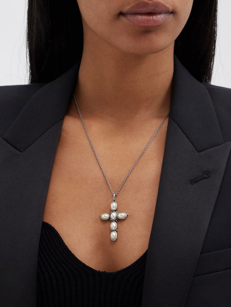 SAINT LAURENT Cross Faux-Pearl Embellished Necklace | endource