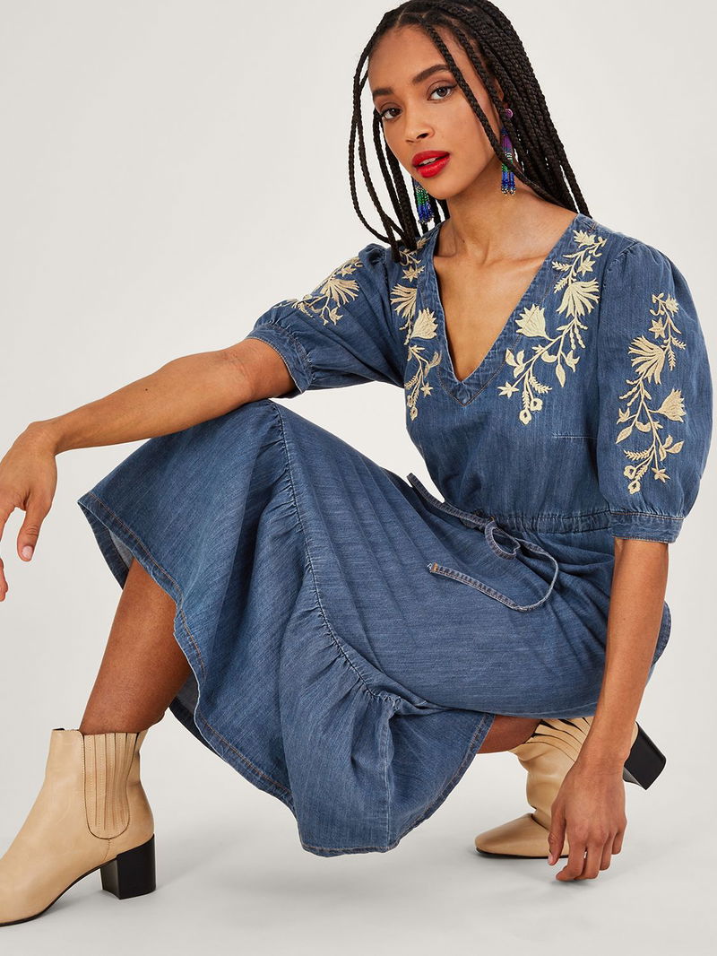 monsoon denim dress Dianna Denim Embroidered Wrap Dolly Dress Blue