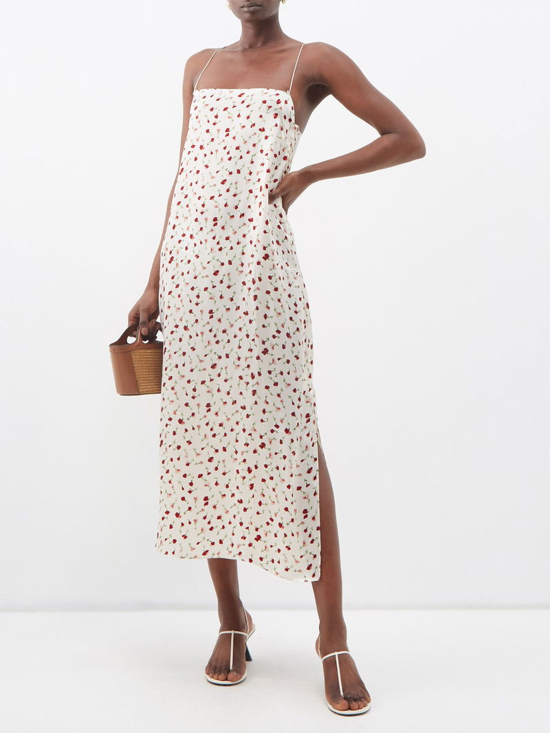 KHAITE Sicily Rose-Print Poplin Slip Dress endource