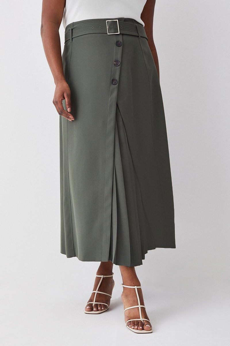 KAREN MILLEN Plus Size Belted Wrap Pleat Detail Midi Skirt in Khaki