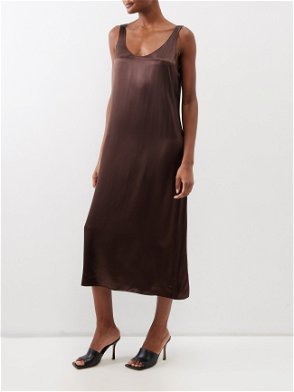 RAEY Deep Scoop Babylocked Satin Slip Dress in Brown