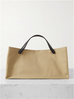 Leather-trimmed printed twill tote