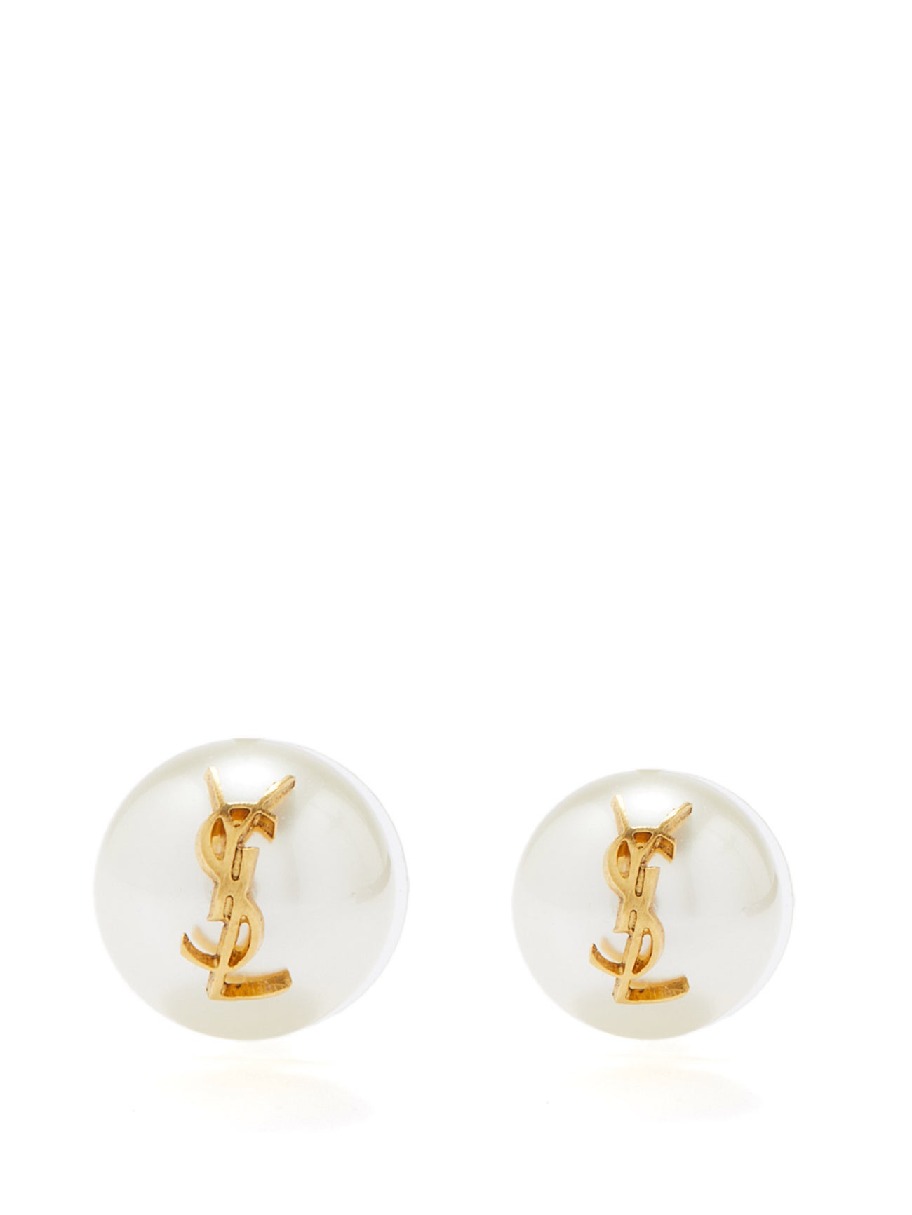 SAINT LAURENT Mismatched YSL Pearl Earrings in Gold Endource