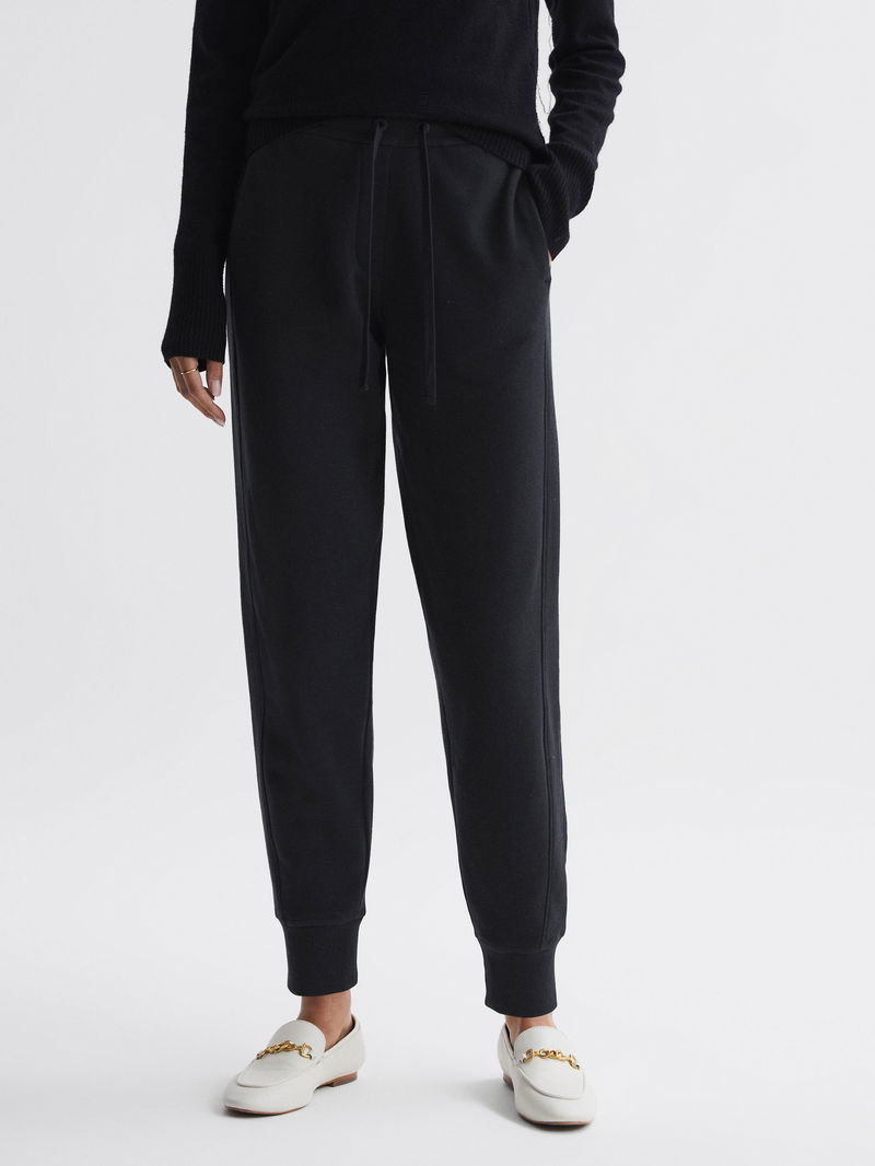 REISS Bronte Cotton Drawstring Cuffed Joggers in Black | Endource