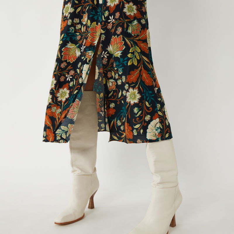 warehouse retro floral dress US Warehouse] Navy Blue Floral Bubble Sleeves Dress