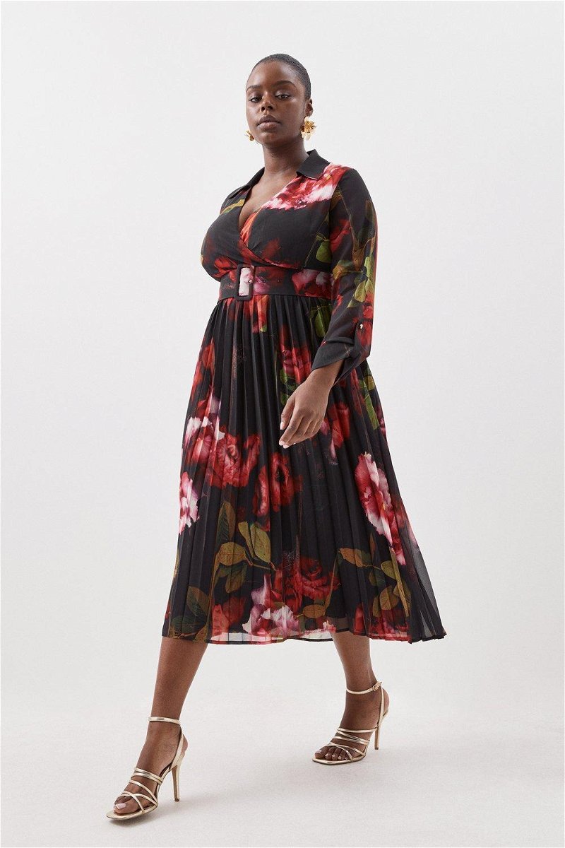 KAREN MILLEN Plus Size Pleated Georgette Woven Maxi Dress in Floral
