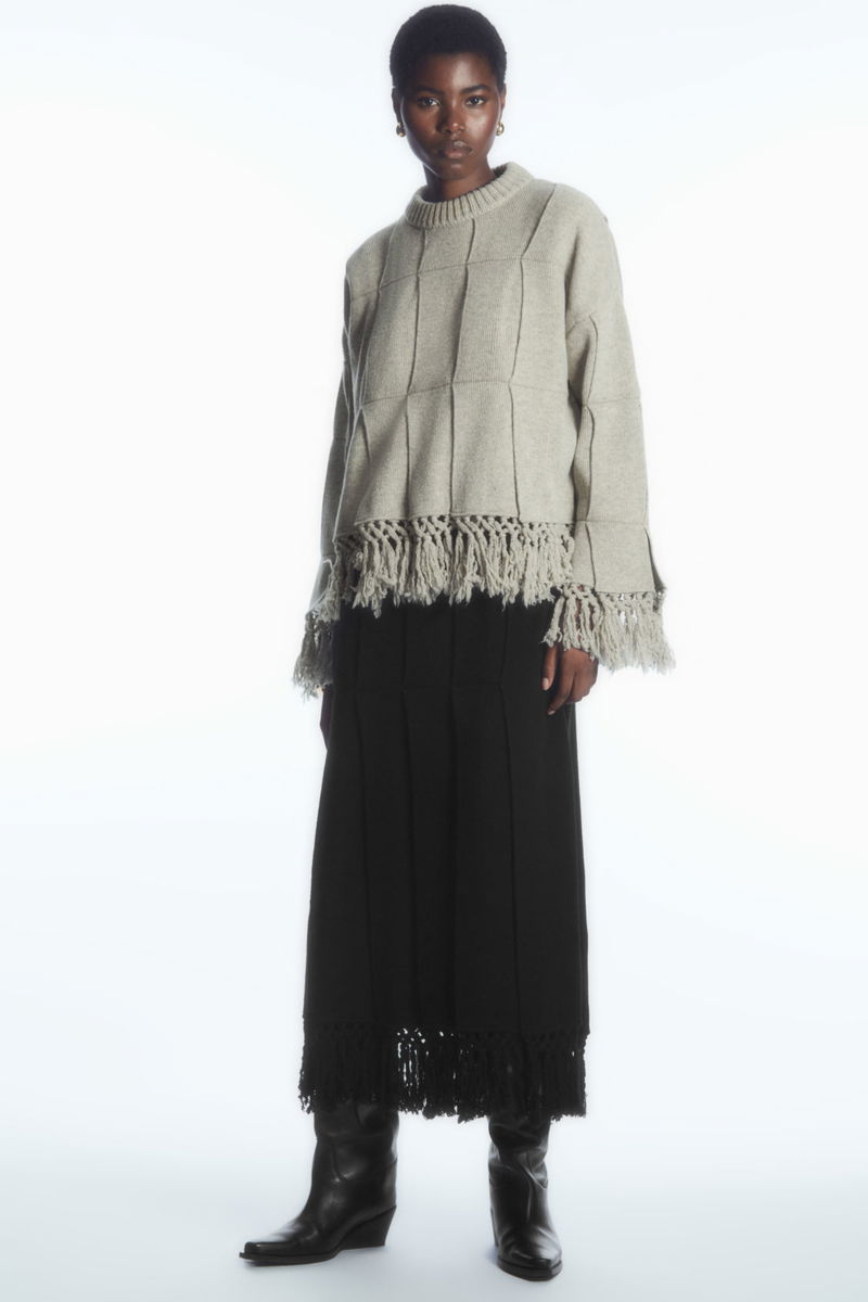 COS Fringed Panelled Wool Jumper in LIGHT GREY MÉLANGE | endource