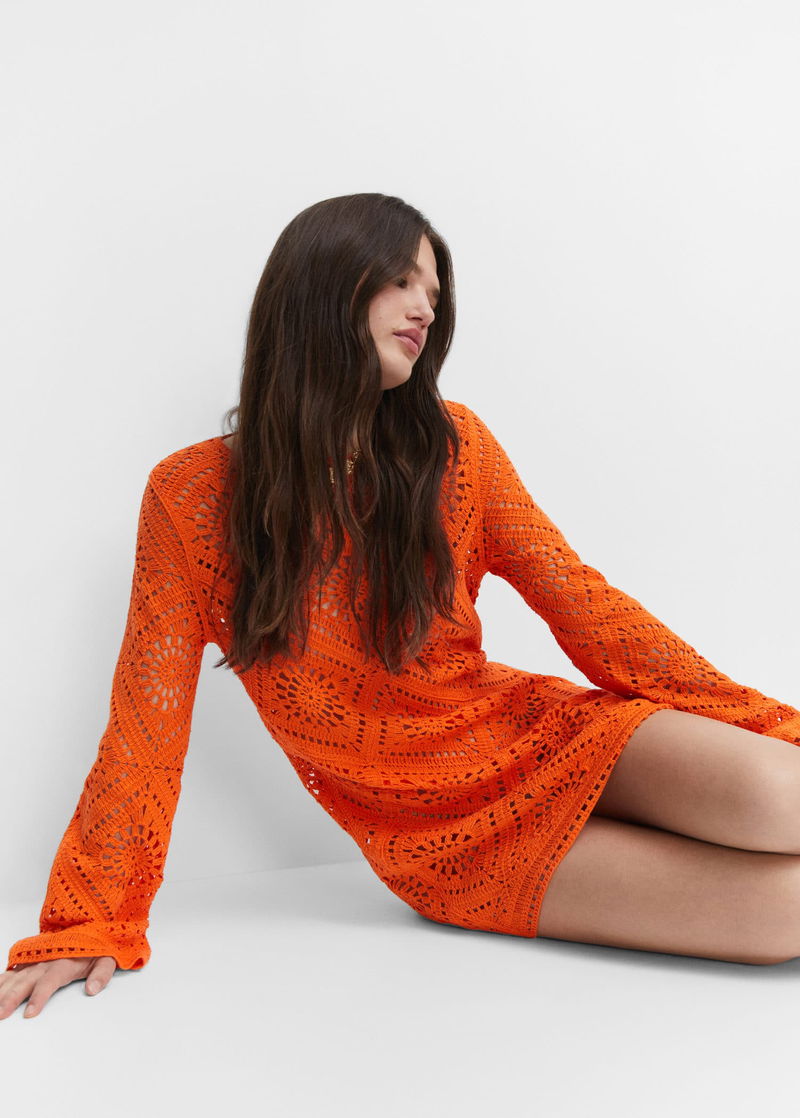 MANGO Flared Sleeve Openwork Dress | endource