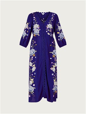 Monsoon Bonnie Floral Embroidered Midi Tea Dress in Navy/Multi