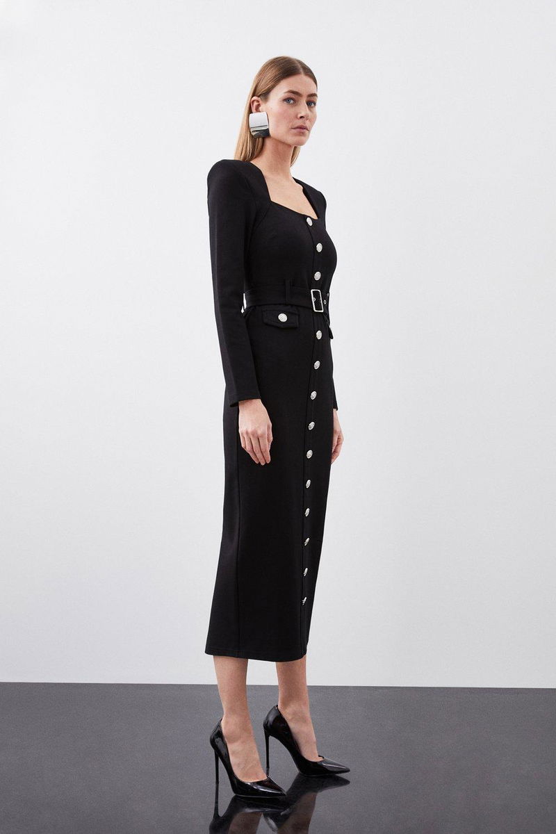 KAREN MILLEN Jersey Ponte Hardwear Long Sleeve Maxi Dress