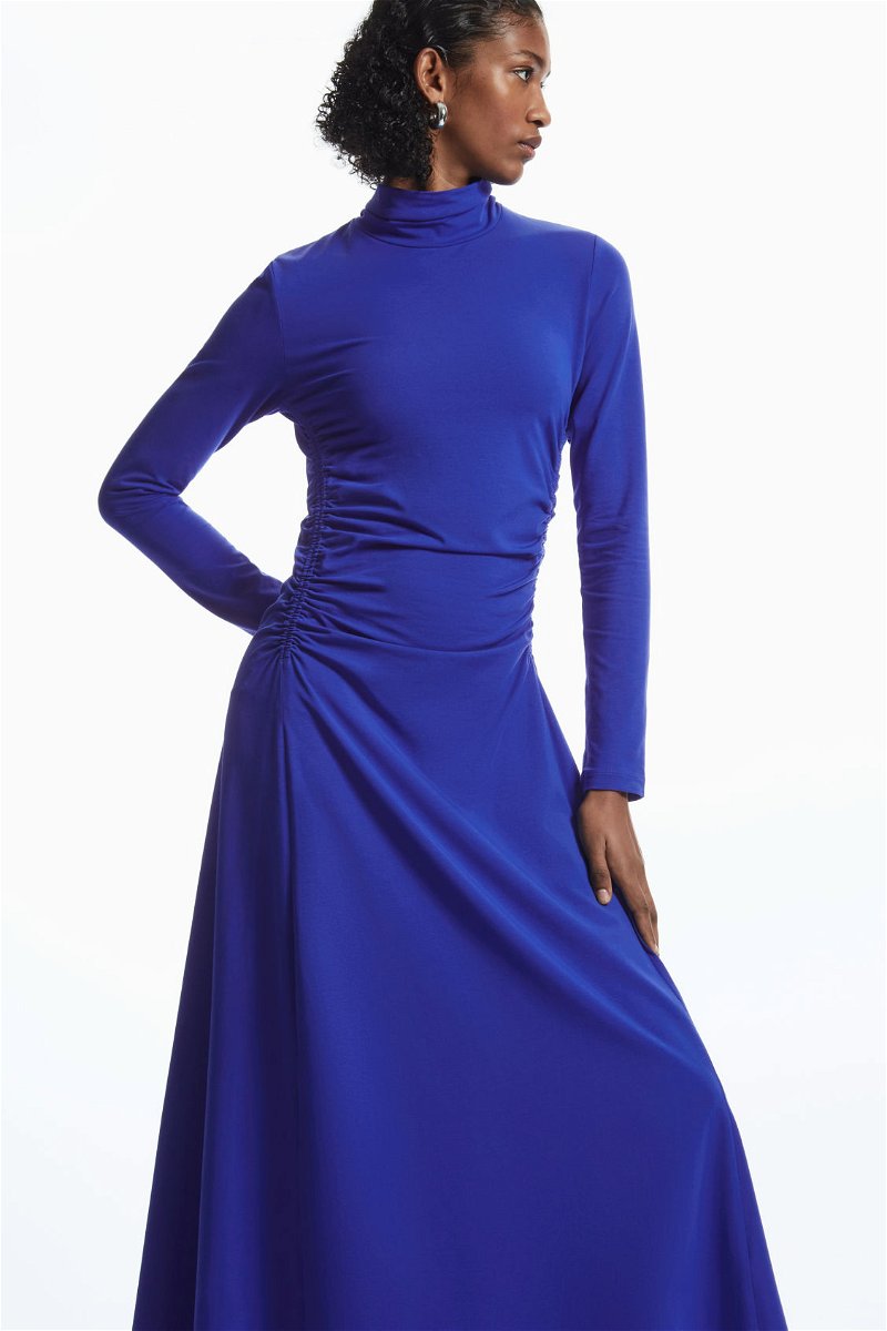 COS High-Neck Gathered Midi Dress in BRIGHT BLUE