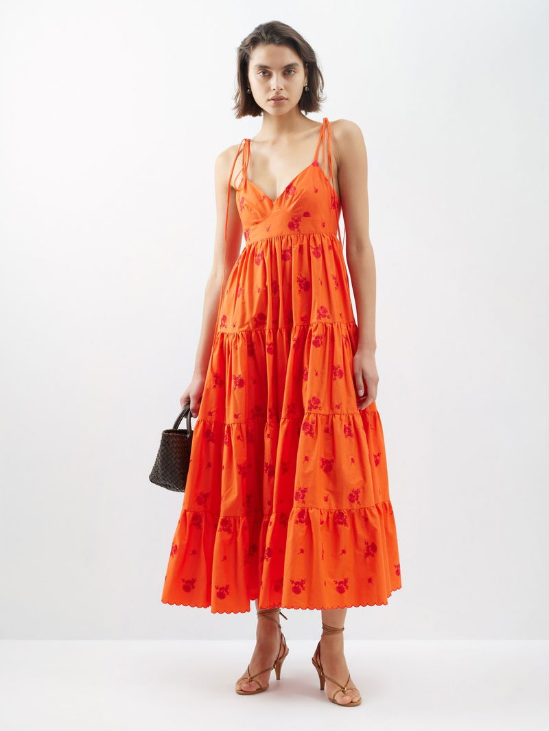 erdem orange dress Bow-detailed Embroidered Poplin And Lace Midi Dress