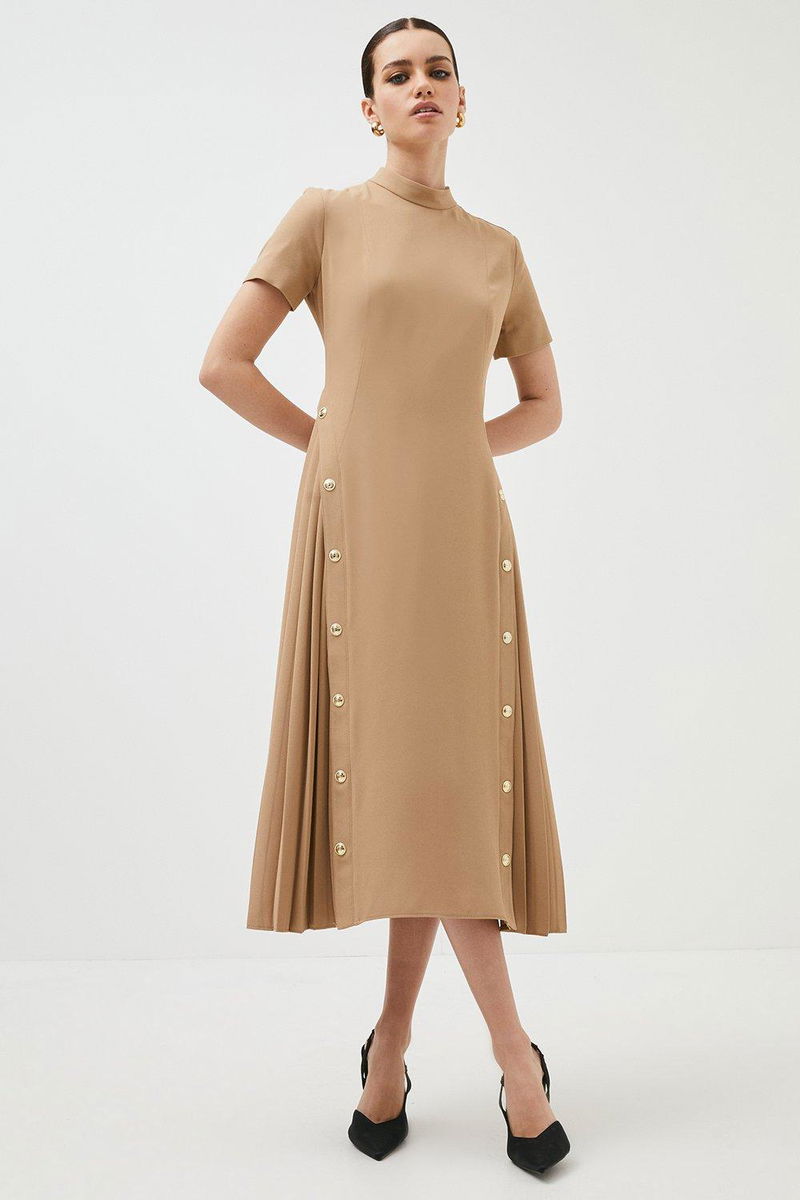 blue dress for baby girl Karen Millen Beige Tailored Polished Cotton Asymmetric Drape Pencil Dress  UK 10 main image 1
