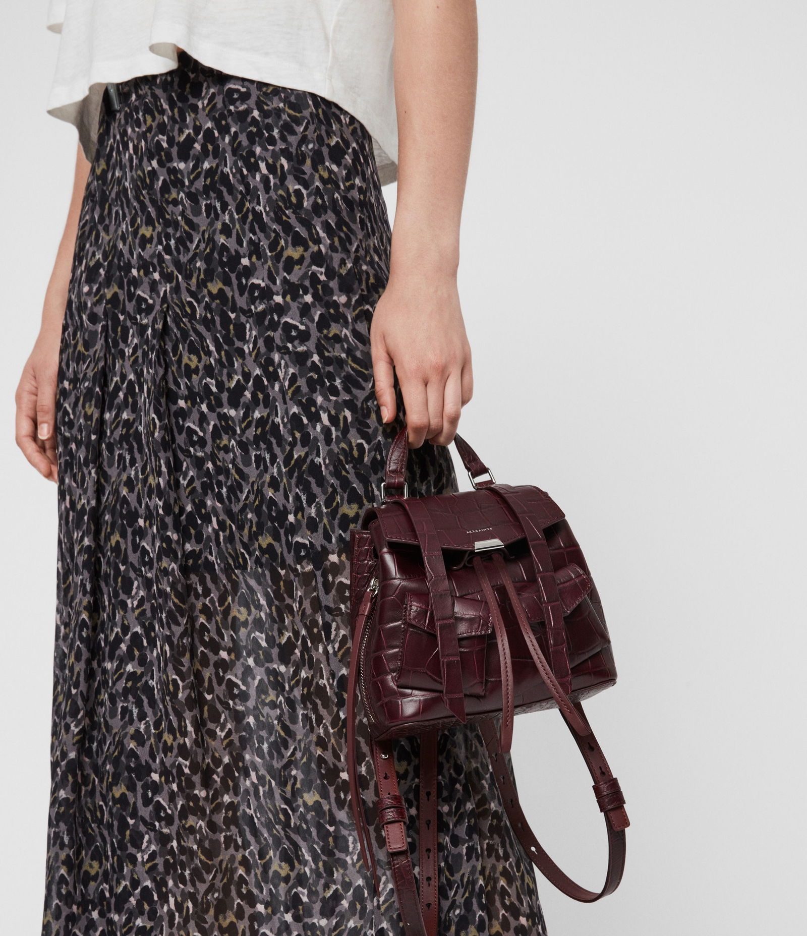 AllSaints Polly Mini Backpack in Burgundy Croc-Embossed Leather Burgundy Croc-Embossed Bucklesbury Italian Leather Backpack  main image 2
