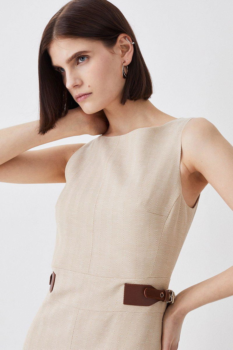 KAREN MILLEN Herringbone Split Front Midi Dress in Neutral Endource