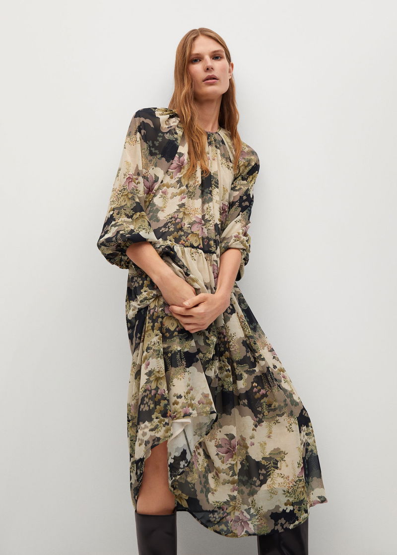 green emerald velvet dress Gauze Ditsy Floral Print Tier Dress