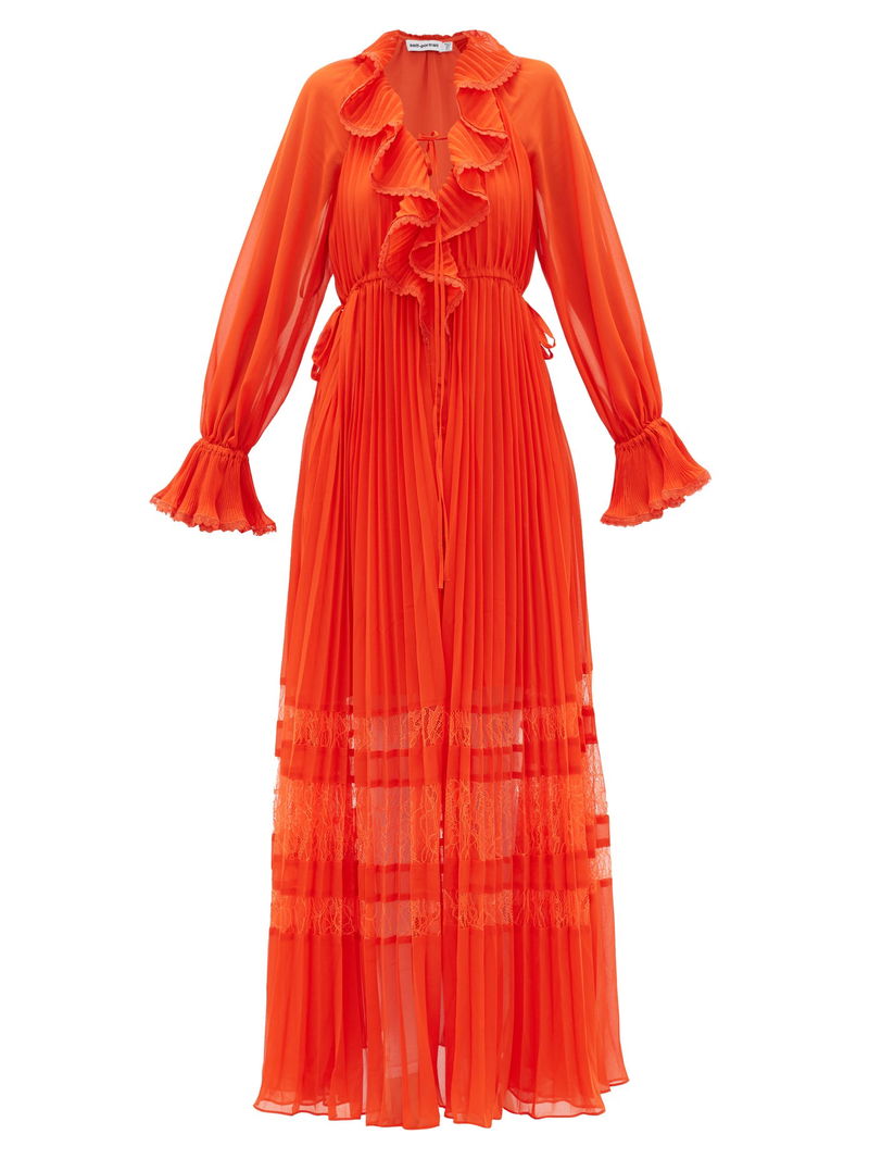 self portrait orange off shoulder pleated chiffon dress SELF-PORTRAIT Lace-Trimmed Rent Color:CHAMPAGNE GOLD Silk Like Satin LUVISTRUE Women's Luxury Champagne 59 Bust