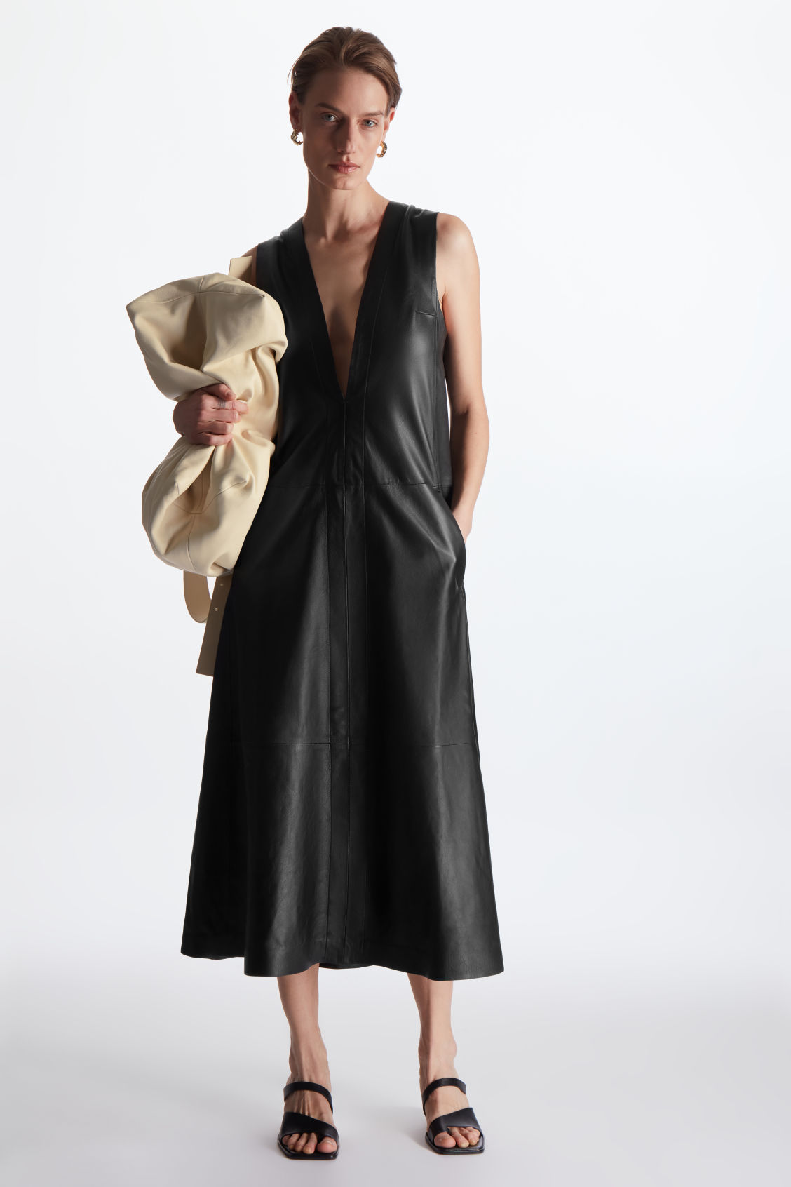 cos leather dress V-Neck Midi PARTY DRESS